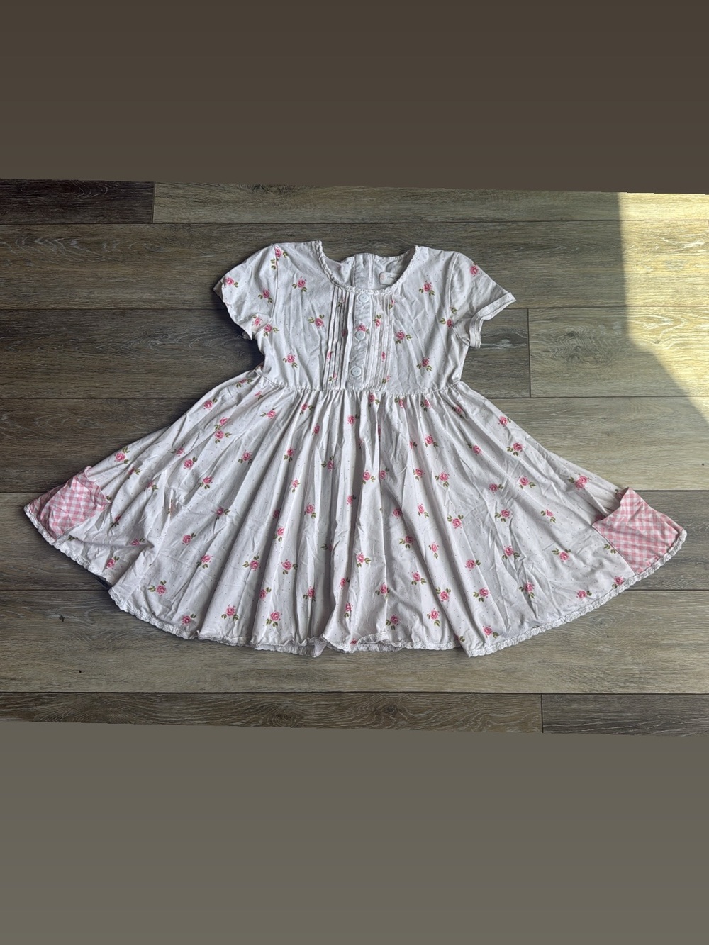 SweetHoney White Dress with Pink Floral Print and Gingham Pocket Accents